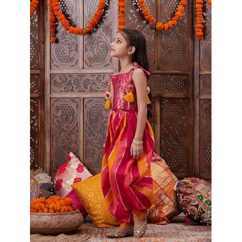 Pspeaches Girl's Cotton 1 Dhoti, 1 Kurta (Dh-Magentabrocade-7-8Y_Orange