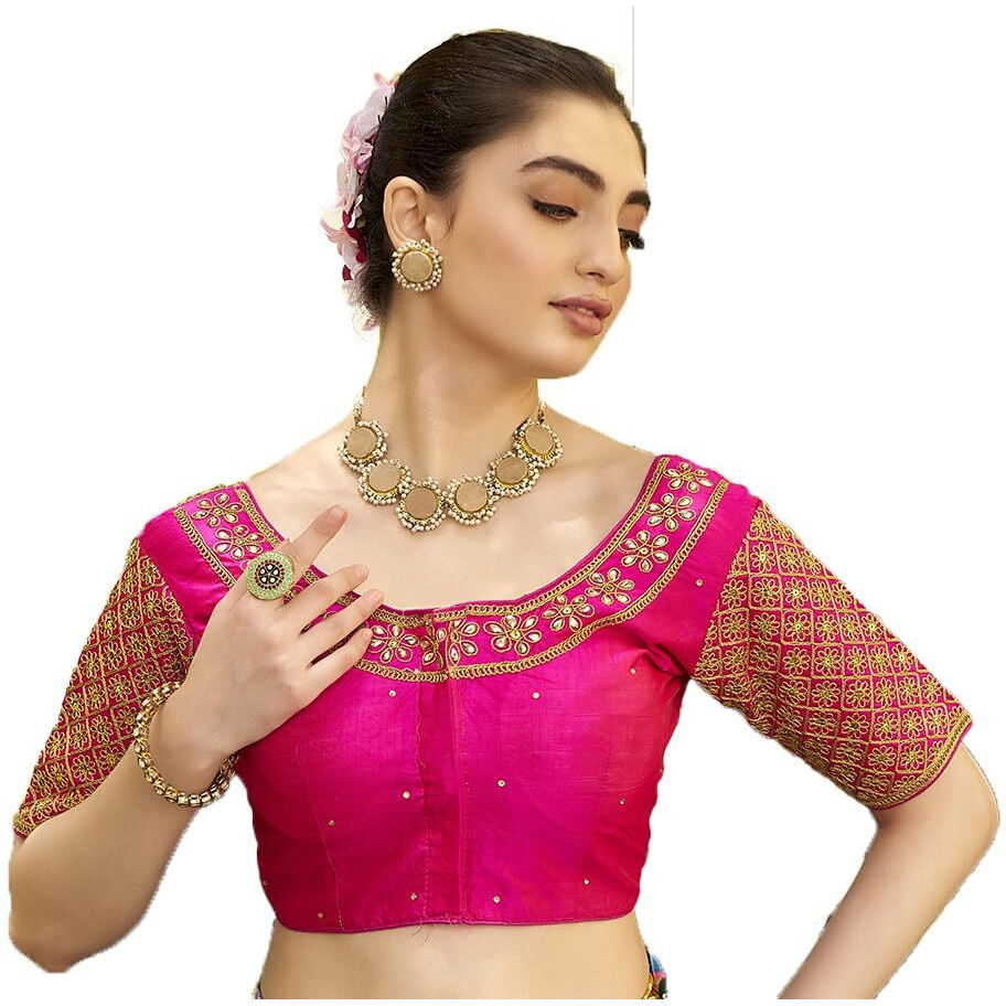 Pujia Mills Women's Embroidery Handwork Sequence Work Necklace Design Readymade Blouse (Dark Pink, 34)