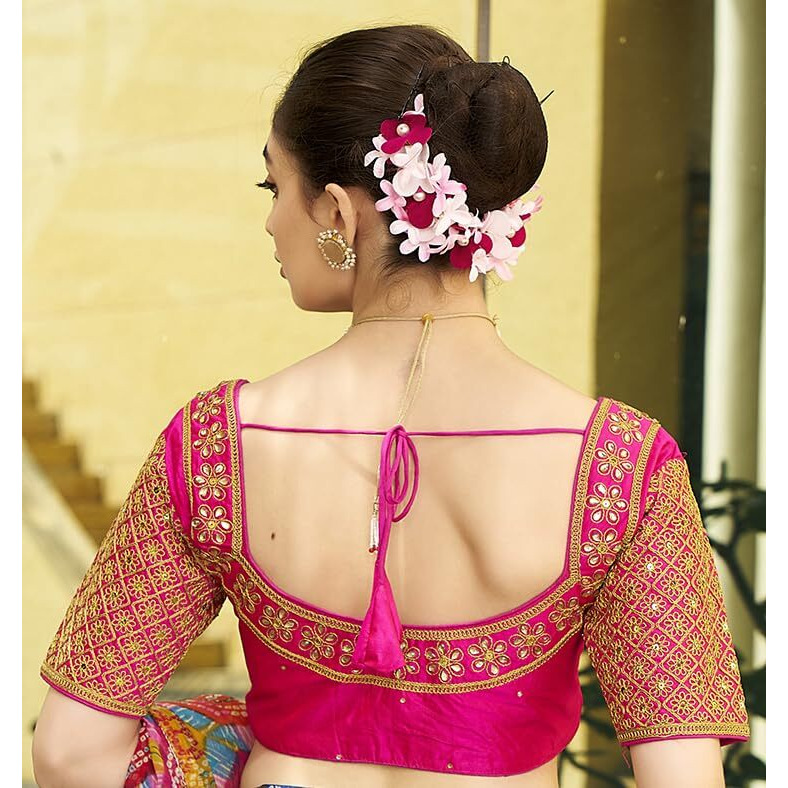 Pujia Mills Women's Embroidery Handwork Sequence Work Necklace Design Readymade Blouse (Dark Pink, 34)