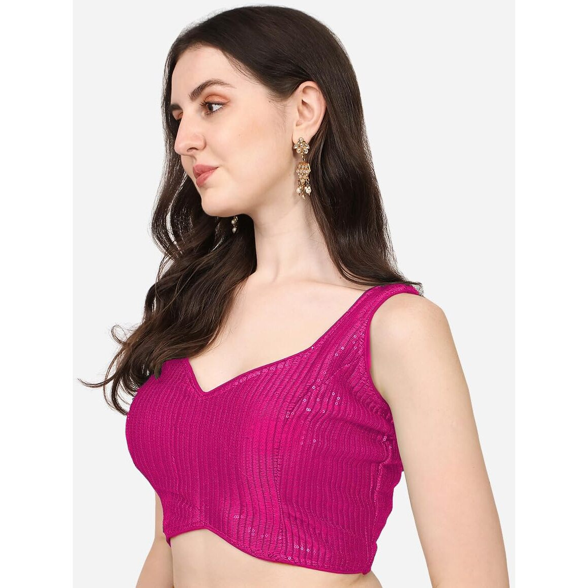 Pujia Mills Women's Multicolor Sweetheart Neck Georgette Line Soft Embroidery Sequence Zari Work Sleeves Readymade Saree Blouse (32, Dark Pink)