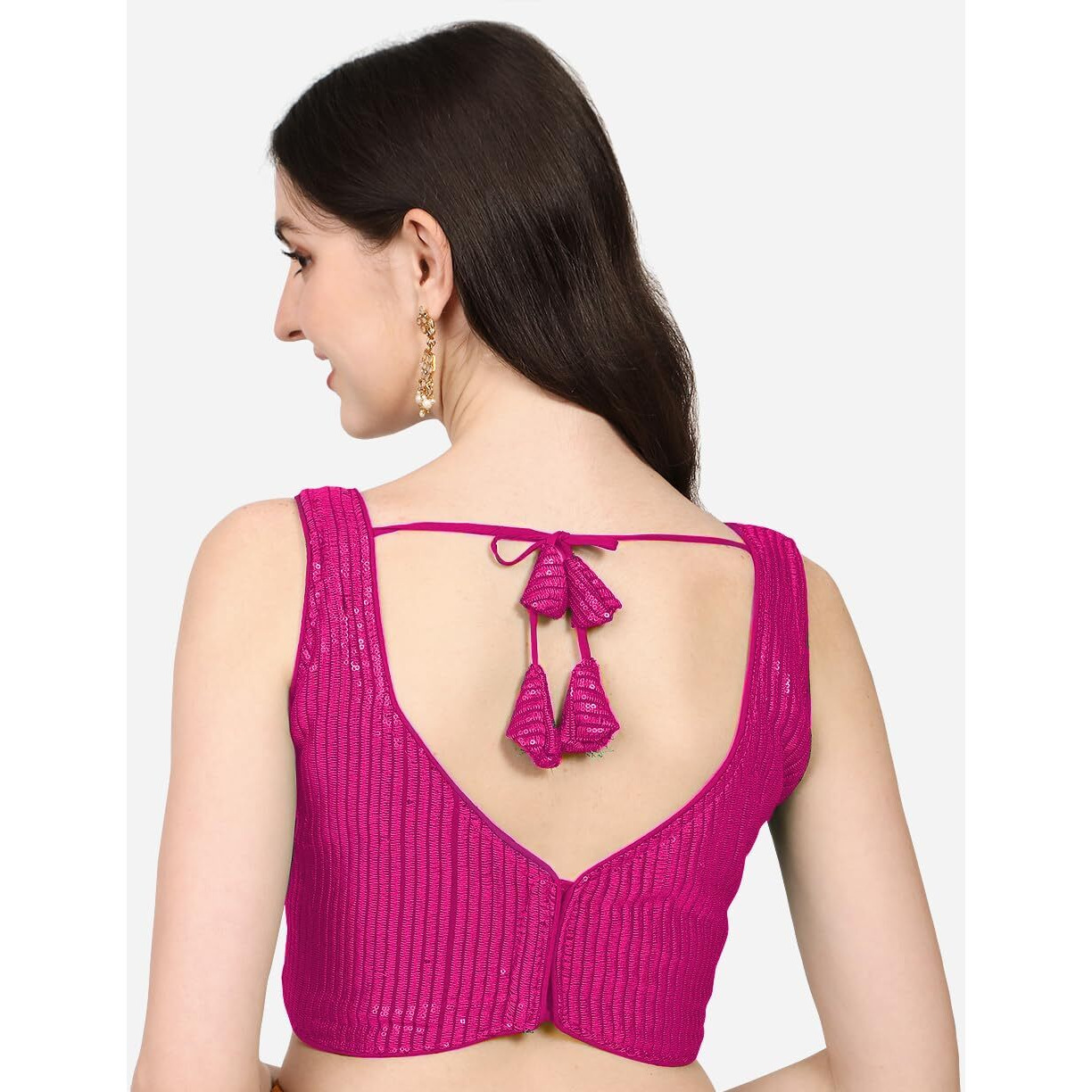 Pujia Mills Women's Multicolor Sweetheart Neck Georgette Line Soft Embroidery Sequence Zari Work Sleeves Readymade Saree Blouse (32, Dark Pink)