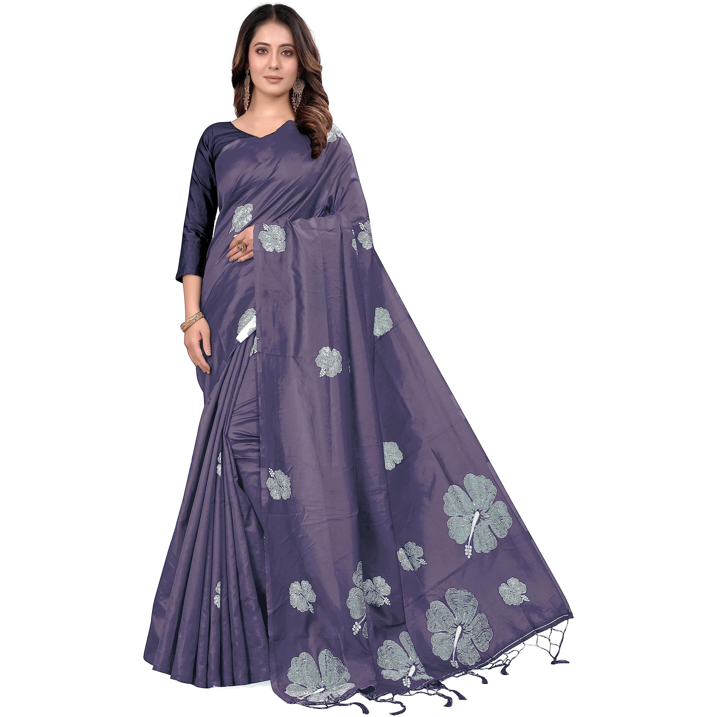 Pujia Mills Women's Beautiful Sequins Weaving With Golden And Silver Zari Banarasi Jacquard Saree (Swati African Purple)