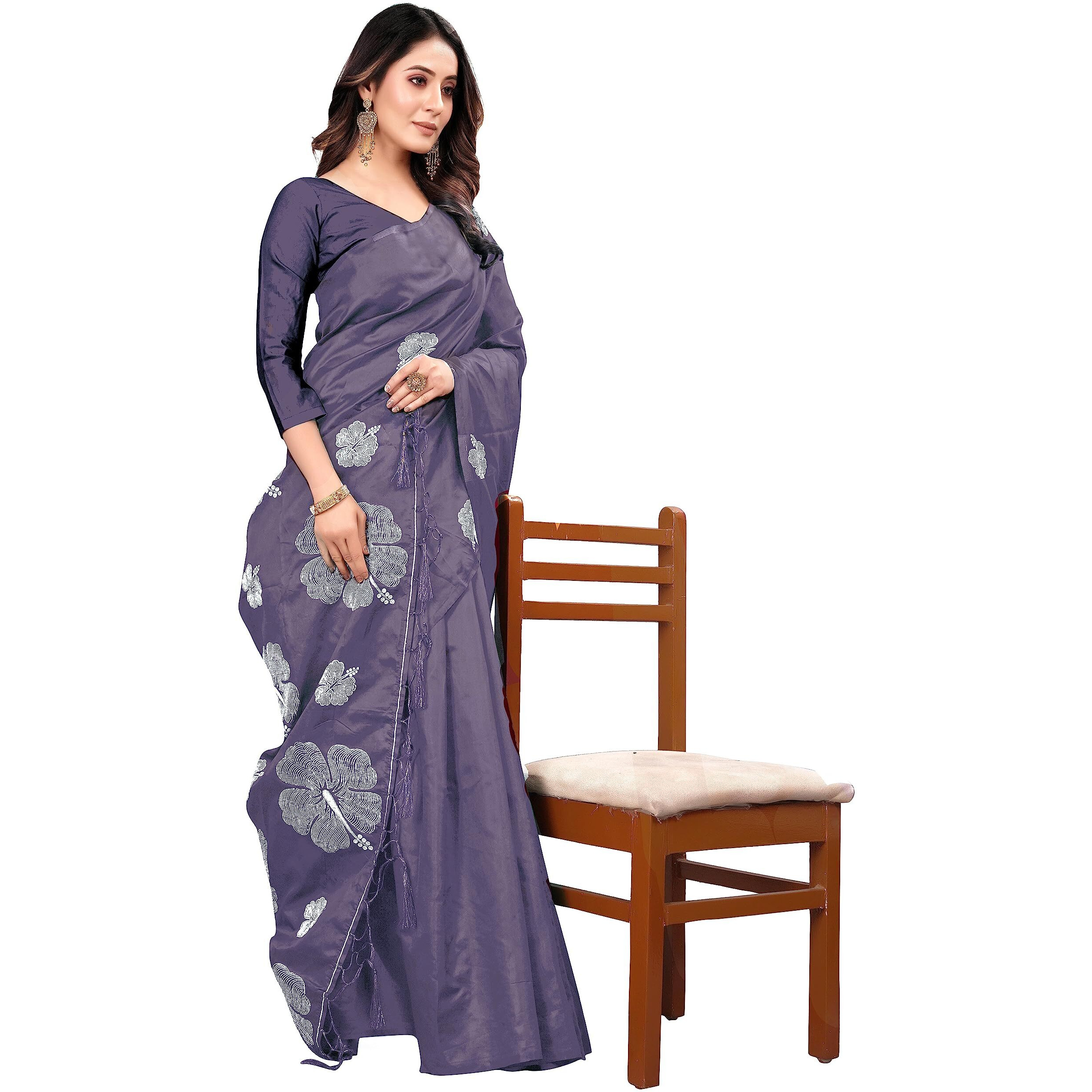 Pujia Mills Women's Beautiful Sequins Weaving With Golden And Silver Zari Banarasi Jacquard Saree (Swati African Purple)