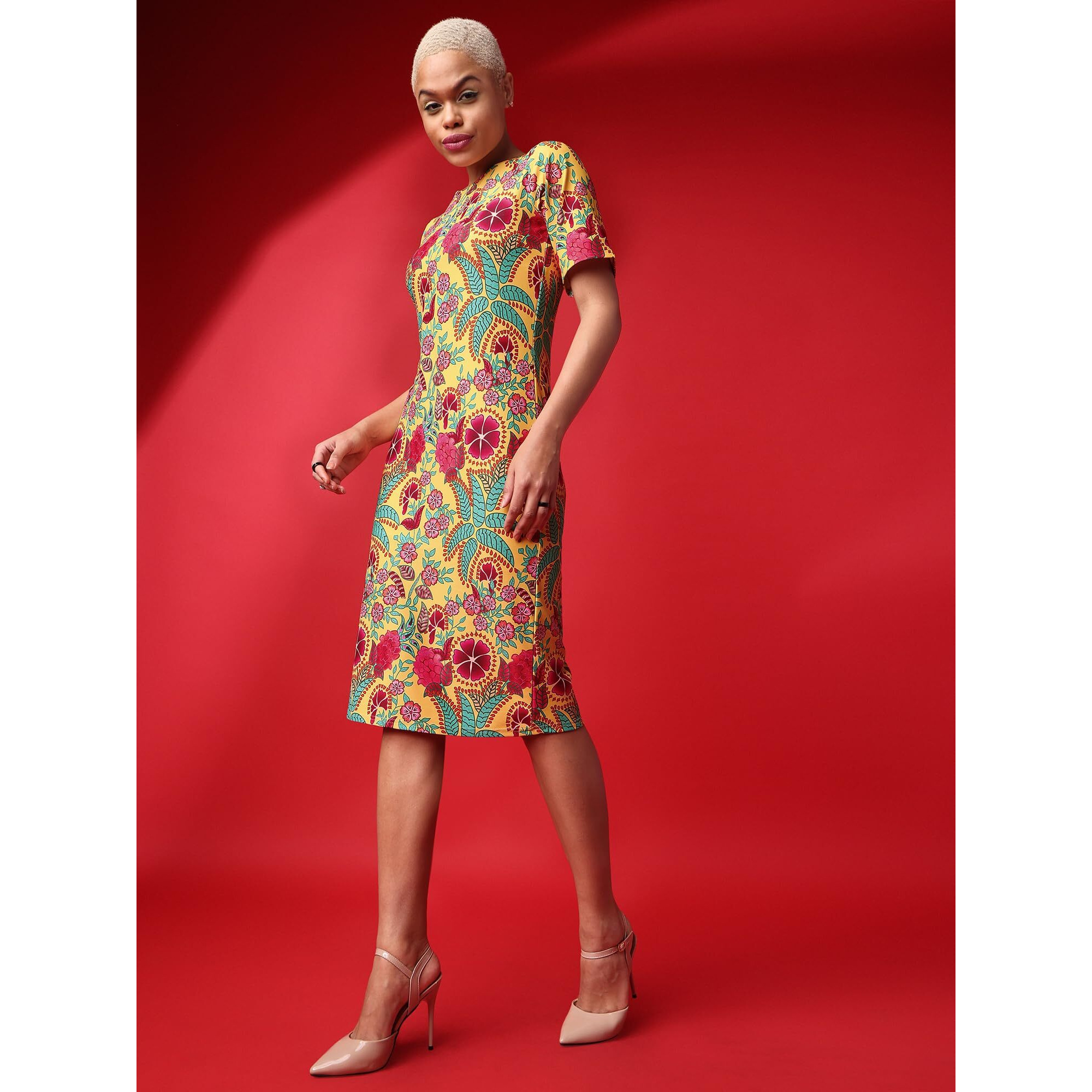 Purvaja Womens Bodycon Knee Length Dress (Wini-031-Crazy_Yellow_Large)