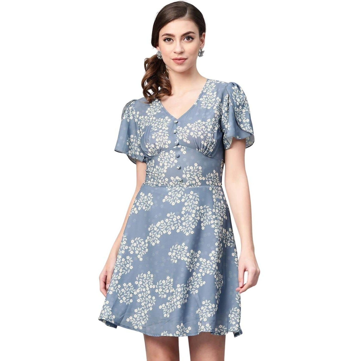 Rytras Women's Floral Printed Fit And Flare Dress(Blue,Xl)