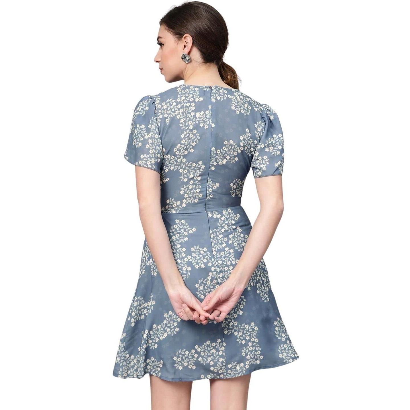 Rytras Women's Floral Printed Fit And Flare Dress(Blue,Xl)