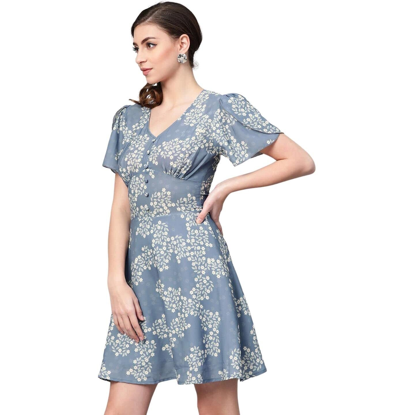 Rytras Women's Floral Printed Fit And Flare Dress(Blue,Xl)