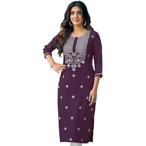 Sanisa Women's Cotton Blend Chikankari Embroidery Straight Kurti (473K10018N-S_Dark Purple)