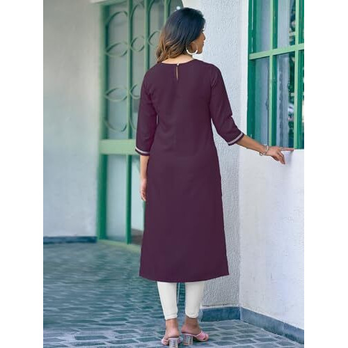 Sanisa Women's Cotton Blend Chikankari Embroidery Straight Kurti (473K10018N-S_Dark Purple)