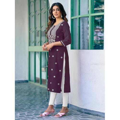 Sanisa Women's Cotton Blend Chikankari Embroidery Straight Kurti (473K10018N-S_Dark Purple)