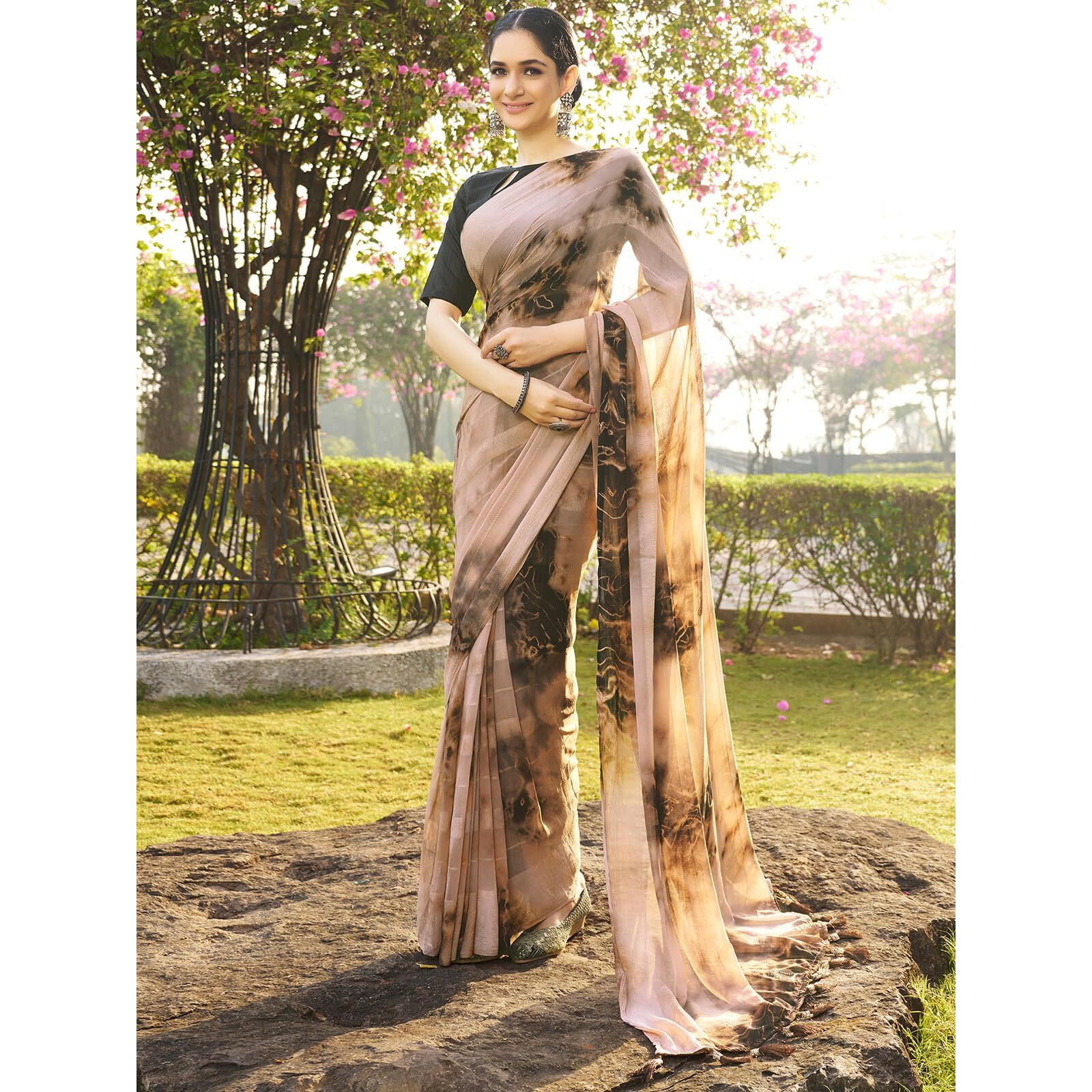 Satrani Women's Georgette Printed Saree With Unstitched Blouse Piece (3646S1373N_Beige & Brown)