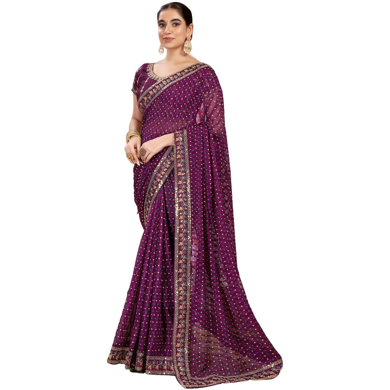 Satrani Women's Chiffon Sequin Embroidery Lace & Bandhani Printed Saree With Unstitched Blouse Piece (4114S653N_Dark Purple)