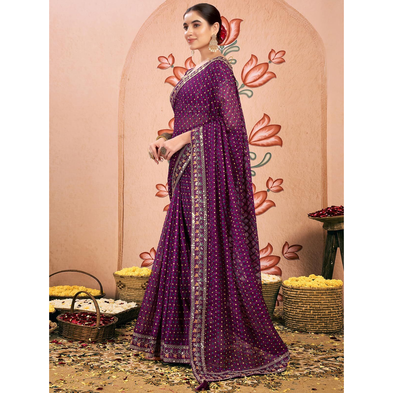 Satrani Women's Chiffon Sequin Embroidery Lace & Bandhani Printed Saree With Unstitched Blouse Piece (4114S653N_Dark Purple)