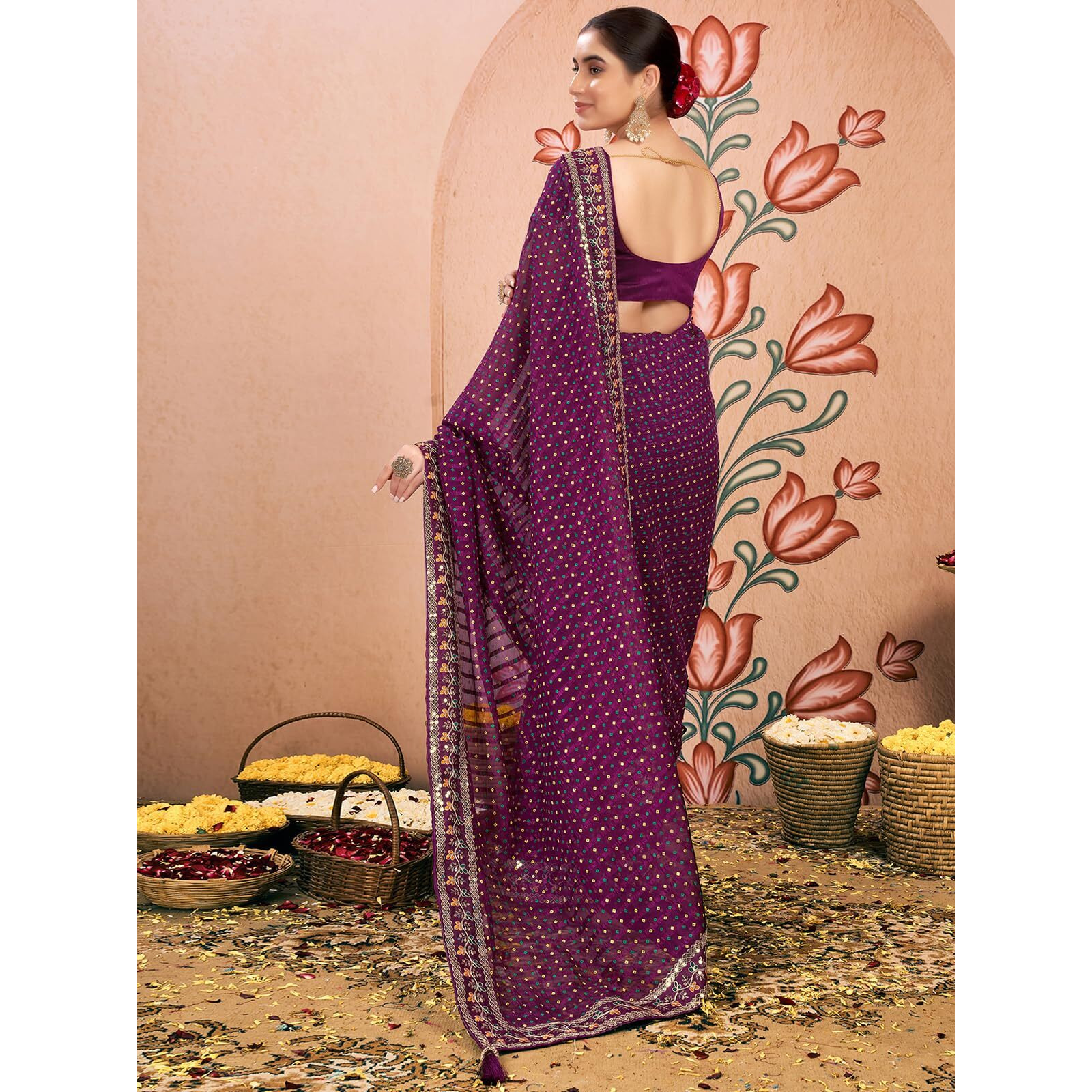 Satrani Women's Chiffon Sequin Embroidery Lace & Bandhani Printed Saree With Unstitched Blouse Piece (4114S653N_Dark Purple)