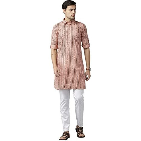 See Designs Men's Peach Regular Pure Cotton Pathani Printed Men's Kurta - Sdpkt_1168M