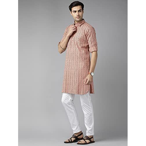 See Designs Men's Peach Regular Pure Cotton Pathani Printed Men's Kurta - Sdpkt_1168M