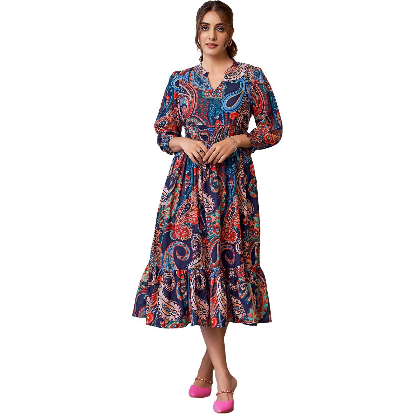 Selvia Western Dress For Women| Printed 3/4 Sleeve Rayon Blend Western Dress For Women | V-Neck A-Line Dress For Women | One Piece Dress For Women (612Dtk7685N-Xs_Multi) Multicolour