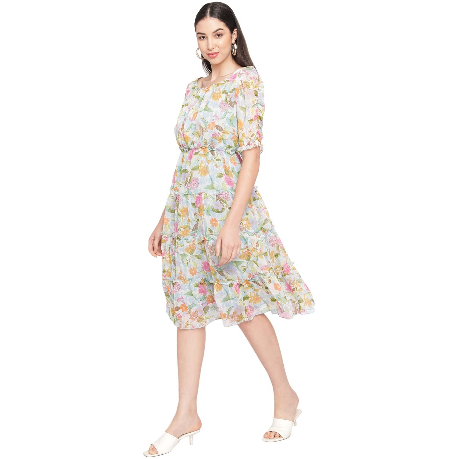 Shasmi Women's Green Chiffon Solid Floral Sweetheart Neck A-Line Dress For Women (Dress 60 Green M)