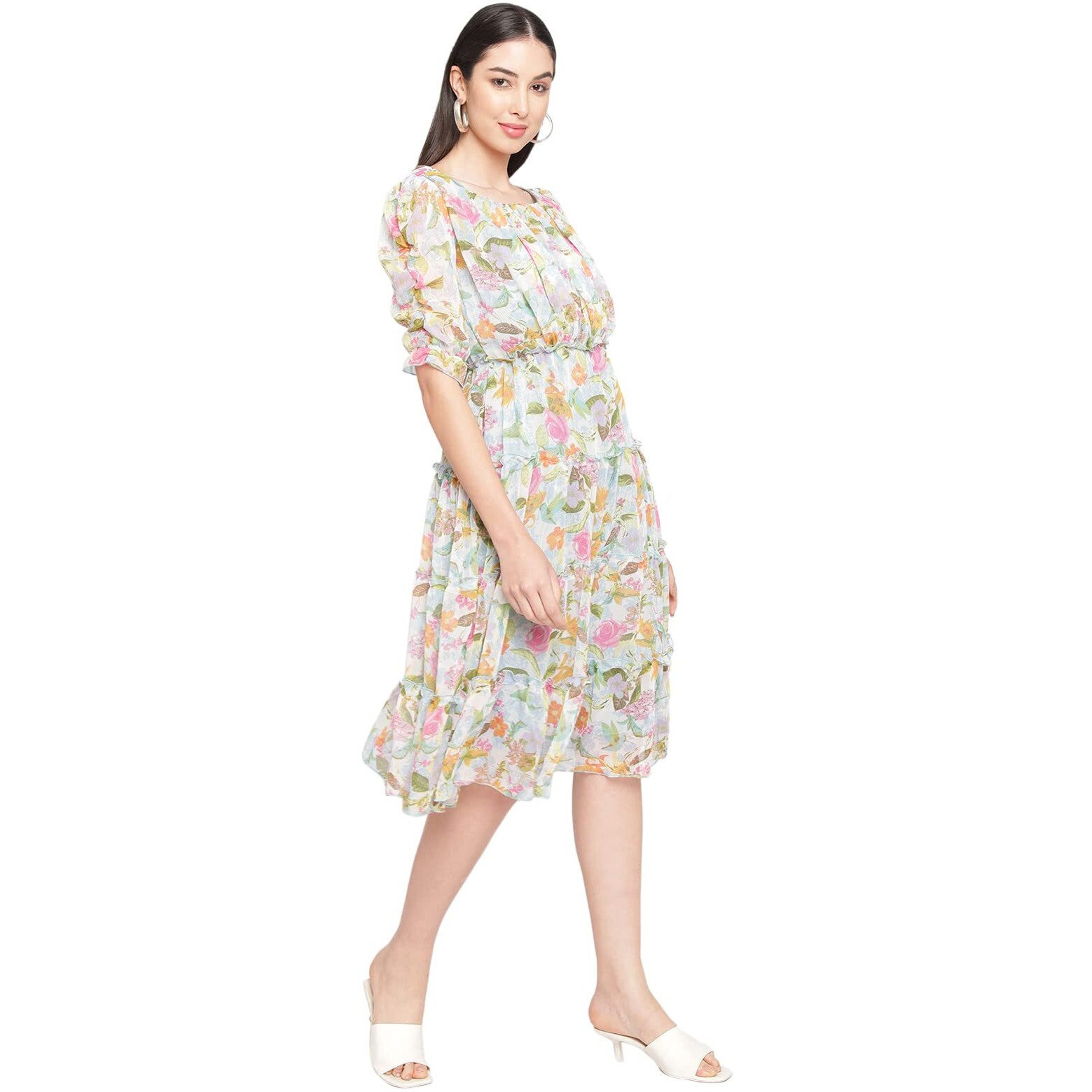 Shasmi Women's Green Chiffon Solid Floral Sweetheart Neck A-Line Dress For Women (Dress 60 Green M)