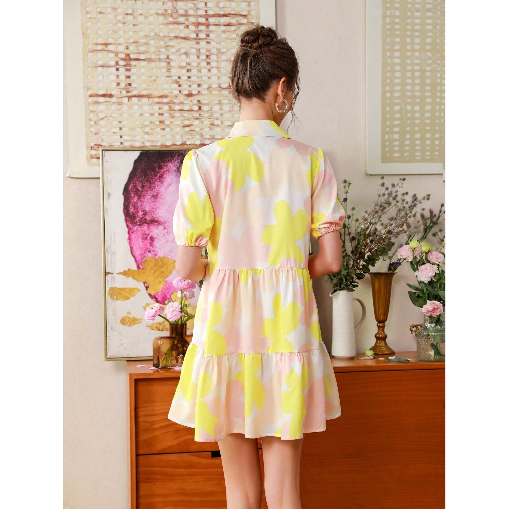 Shasmi Women A-Line Flower Print Short Sleeve Button Front All-Over Printed Dresses, Ruffle Hem Smock Dress (161 Dress Yellow-L)