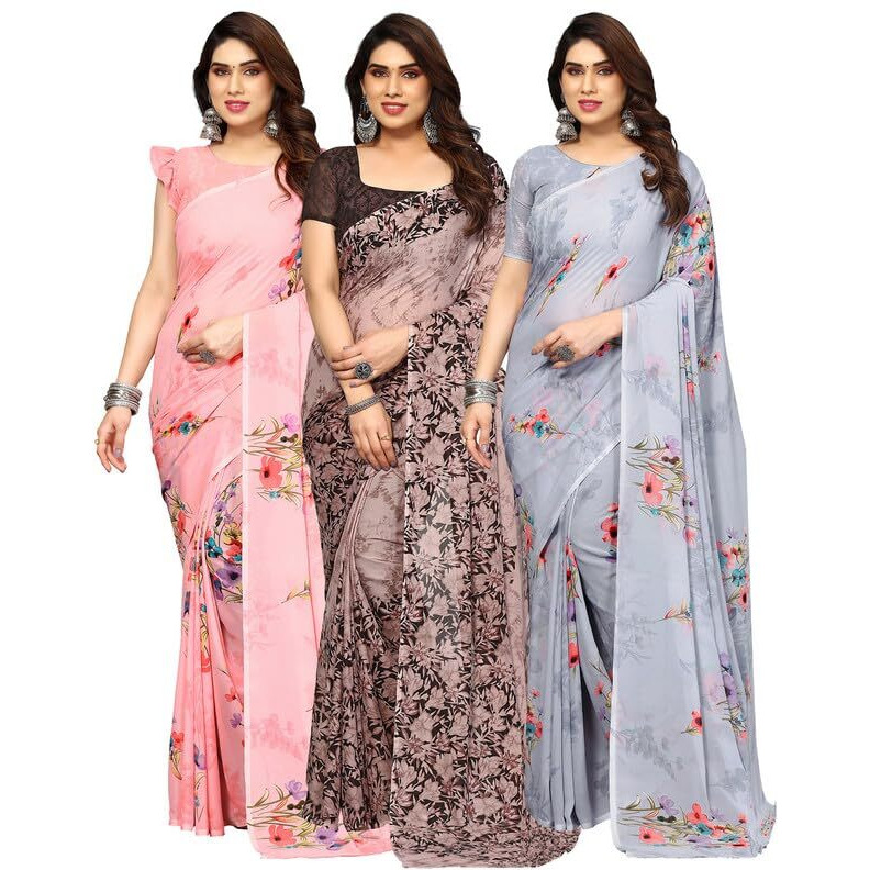 Satrani Women's Geoegette Saree With Unstitched Blouse Piece Combo Pack Of 3 (3112S2151N_3112S2156N_3112S2152N_Pink | Brown | Grey)