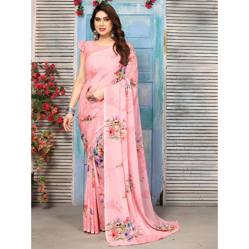 Satrani Women's Geoegette Saree With Unstitched Blouse Piece Combo Pack Of 3 (3112S2151N_3112S2156N_3112S2152N_Pink | Brown | Grey)
