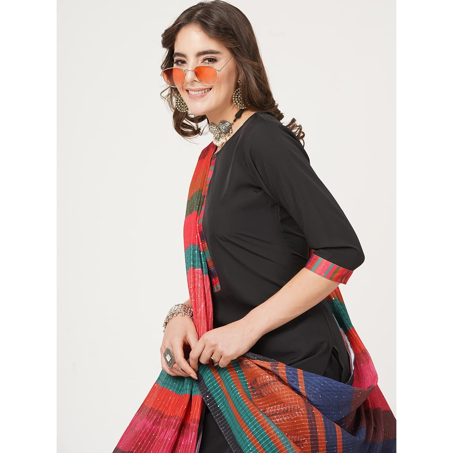 Shiv Textiles Digital Printed Round Neck Polyester Straight Kurta Set With Pent Duppata For Womens (205-Black-Xl)