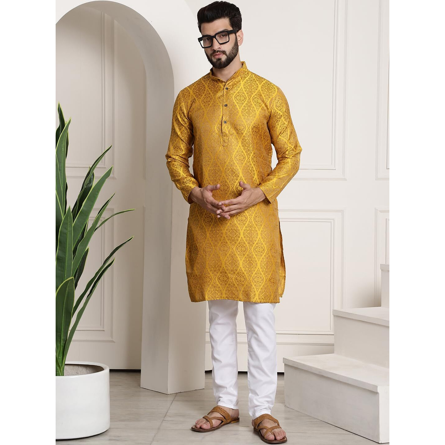 Sojanya (Since 1958 Men's Silk Blend Mustard Self Design Kurta And White Churidar Pyjama Set