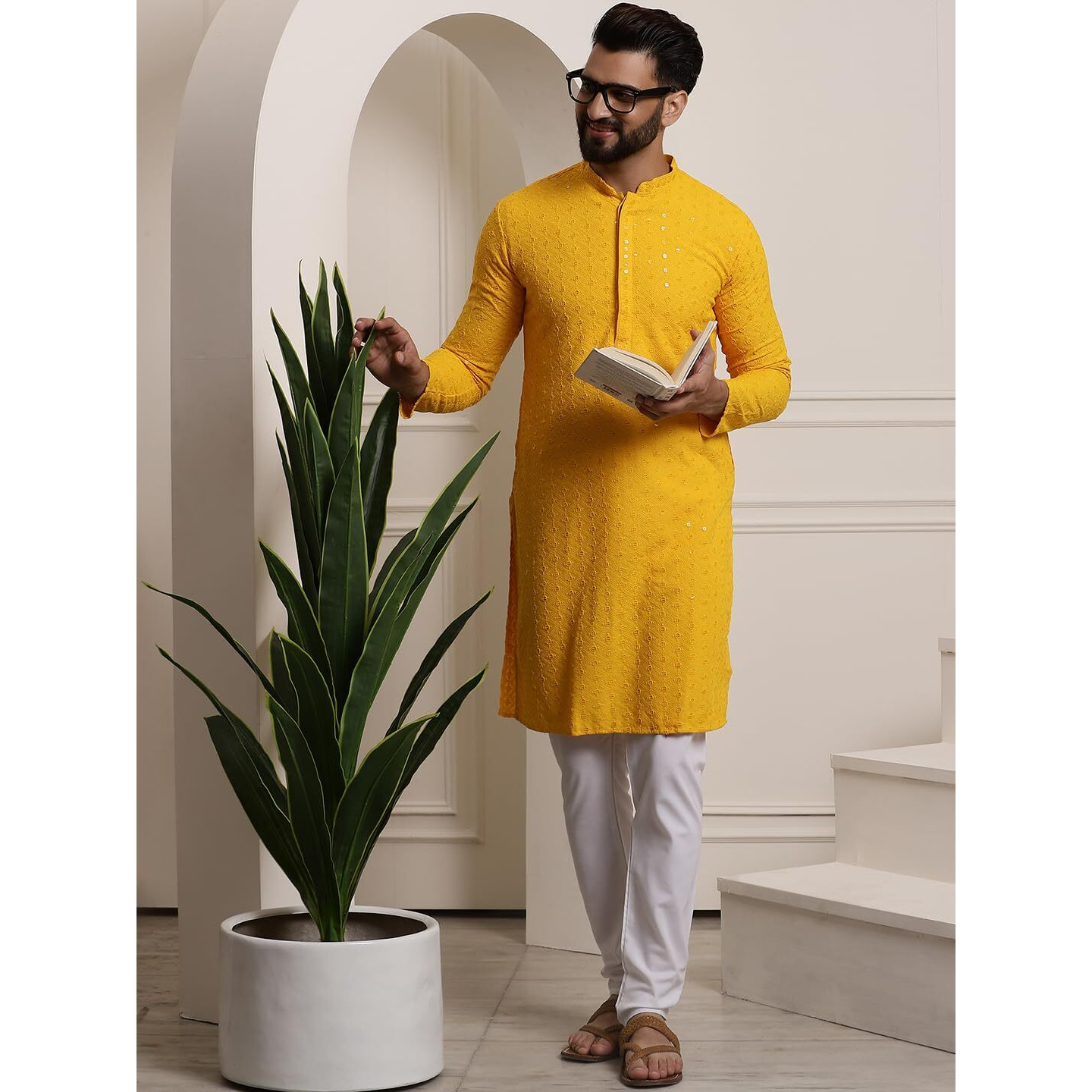 Sojanya (Since 1958 Men's Pure Cotton Mustard Sequence Kurta & White Pyjama Set