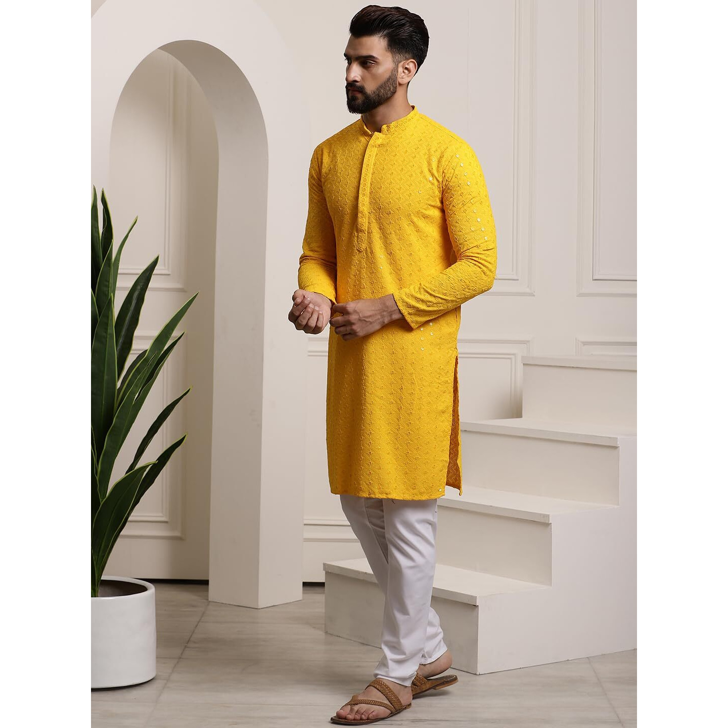Sojanya (Since 1958 Men's Pure Cotton Mustard Sequence Kurta & White Pyjama Set