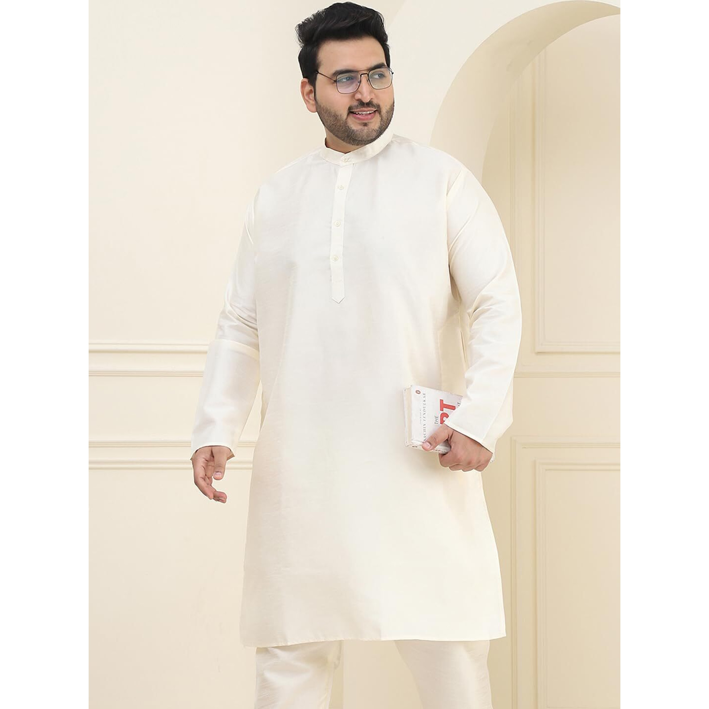 Sojanya Plus (Since 1958) Mens Off-White Dupion Silk Only Long Kurta