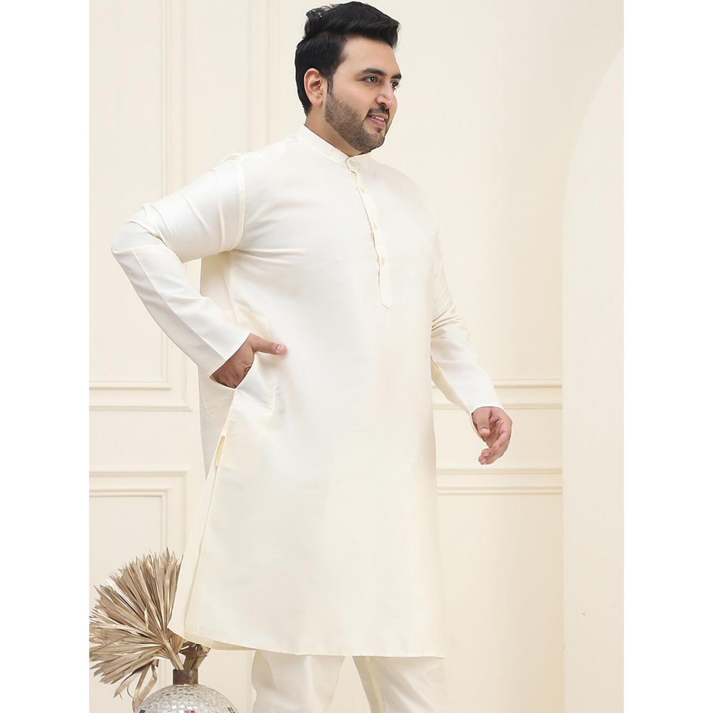 Sojanya Plus (Since 1958) Mens Off-White Dupion Silk Only Long Kurta