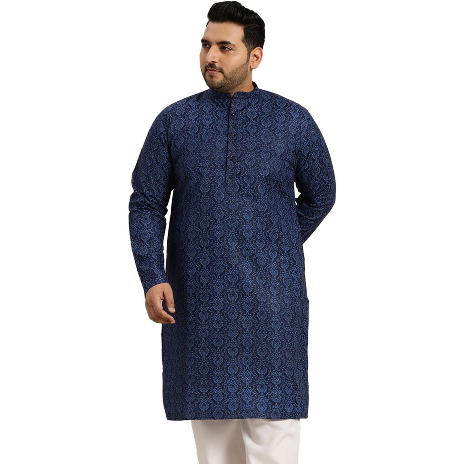 Sojanya Plus (Since 1958) Men's Cotton Blend Navy Blue And Black Printed Only Long Kurta