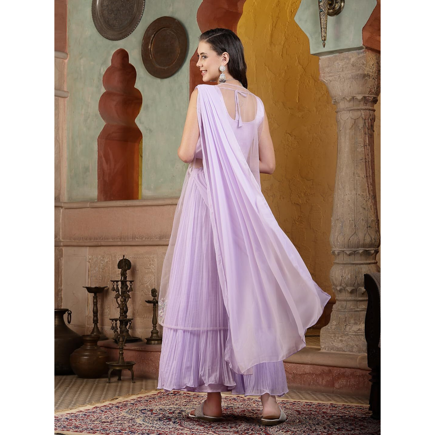 Stylum Women's Printed & Embroidered Georgette Draped Lehenga With Attached Dupatta & Blouse With Jacket (Lehlevndercocon40_Lavender, L)