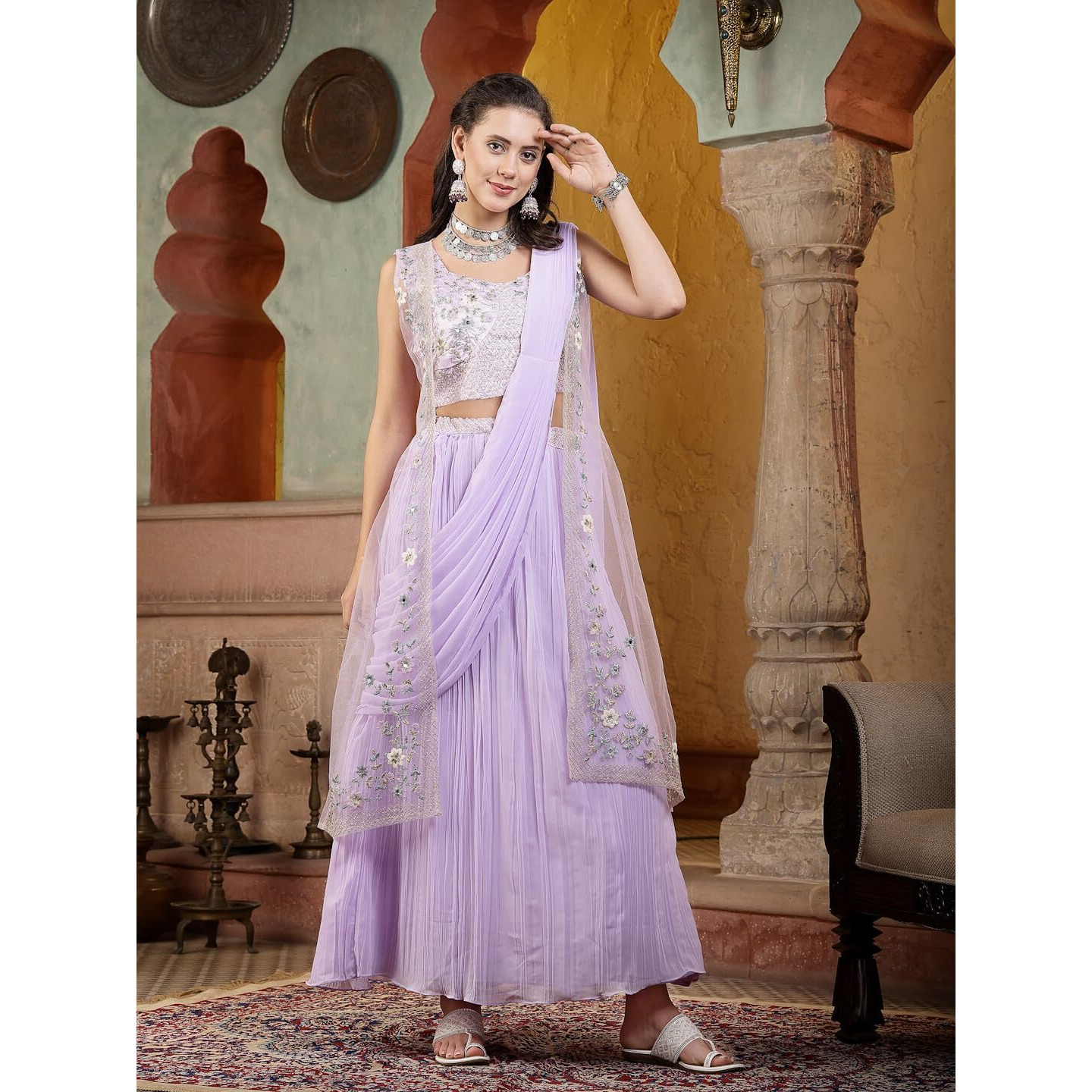 Stylum Women's Printed & Embroidered Georgette Draped Lehenga With Attached Dupatta & Blouse With Jacket (Lehlevndercocon40_Lavender, L)