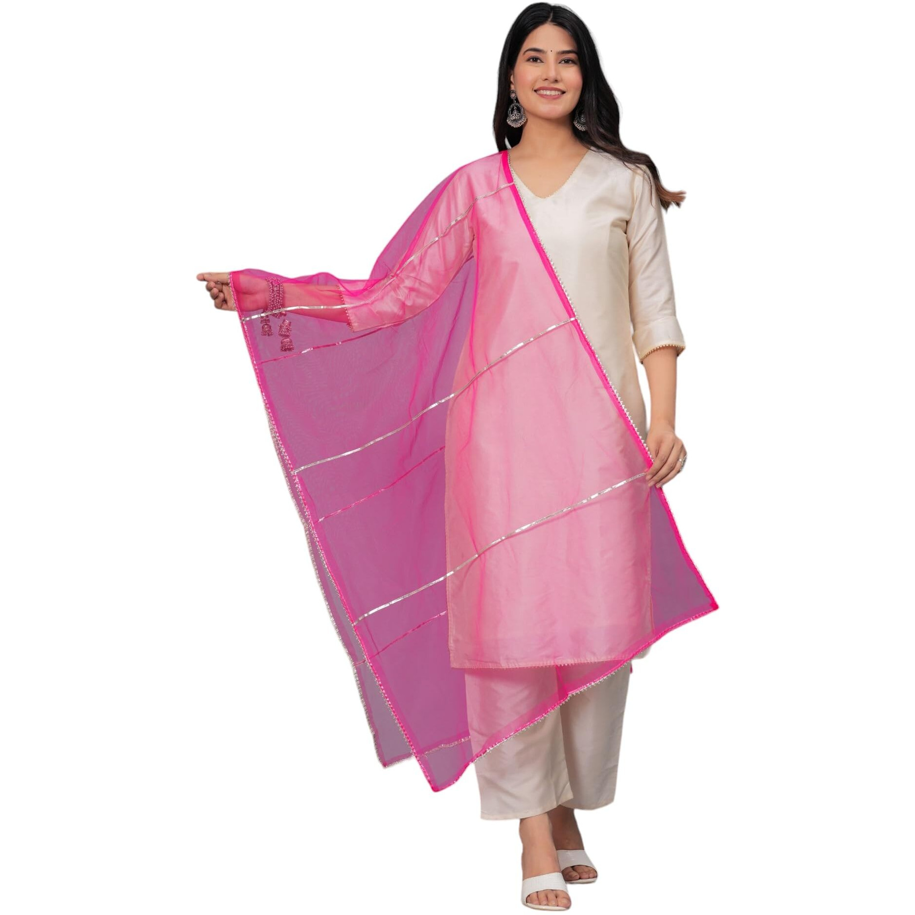 Stylum Women's Solid & Embellished Net Dupatta (Dupvistapink_Pink)