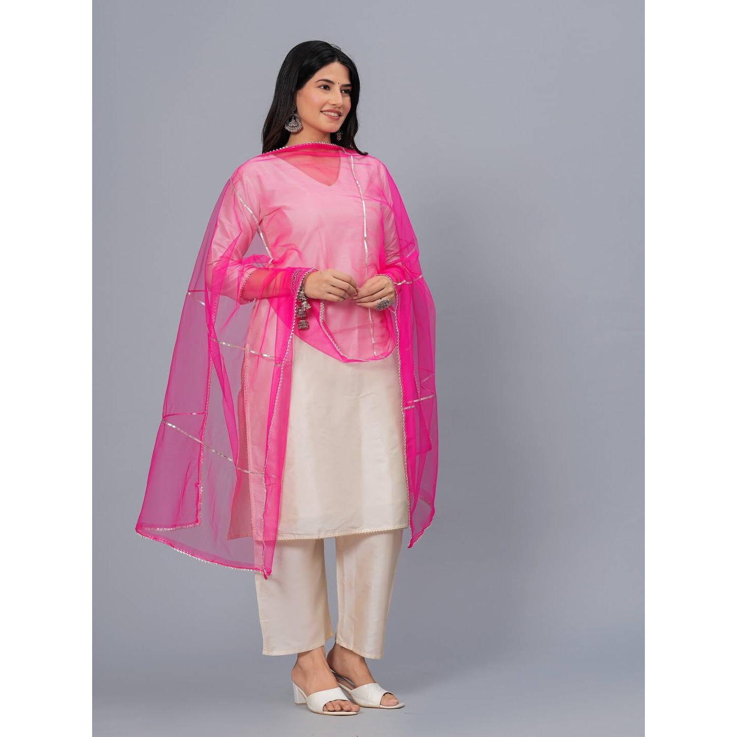 Stylum Women's Solid & Embellished Net Dupatta (Dupvistapink_Pink)