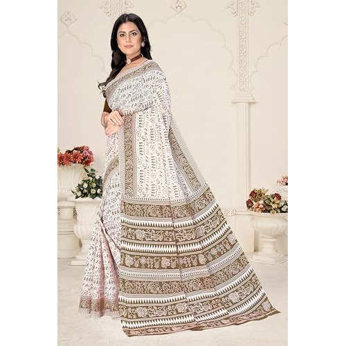 Tamaira Fashion Women's Warli Printed Pure Cotton Mulmul Saree Without Blouse Piece(2536_White&Brown)