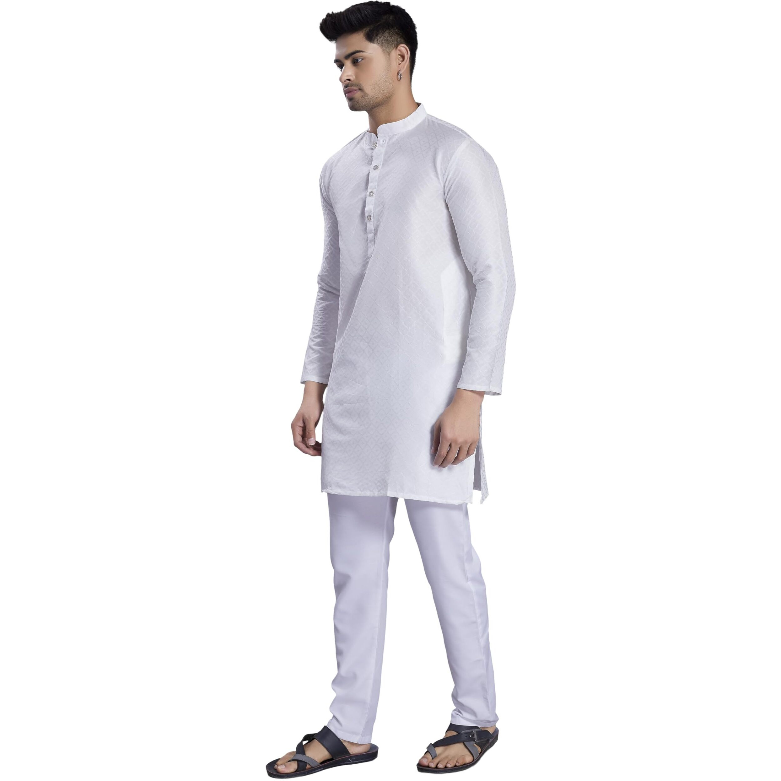 Divisive Men's Self Woven Jequard Art Silk Slim Fit Only Kurta (Dkrt415_L_White)