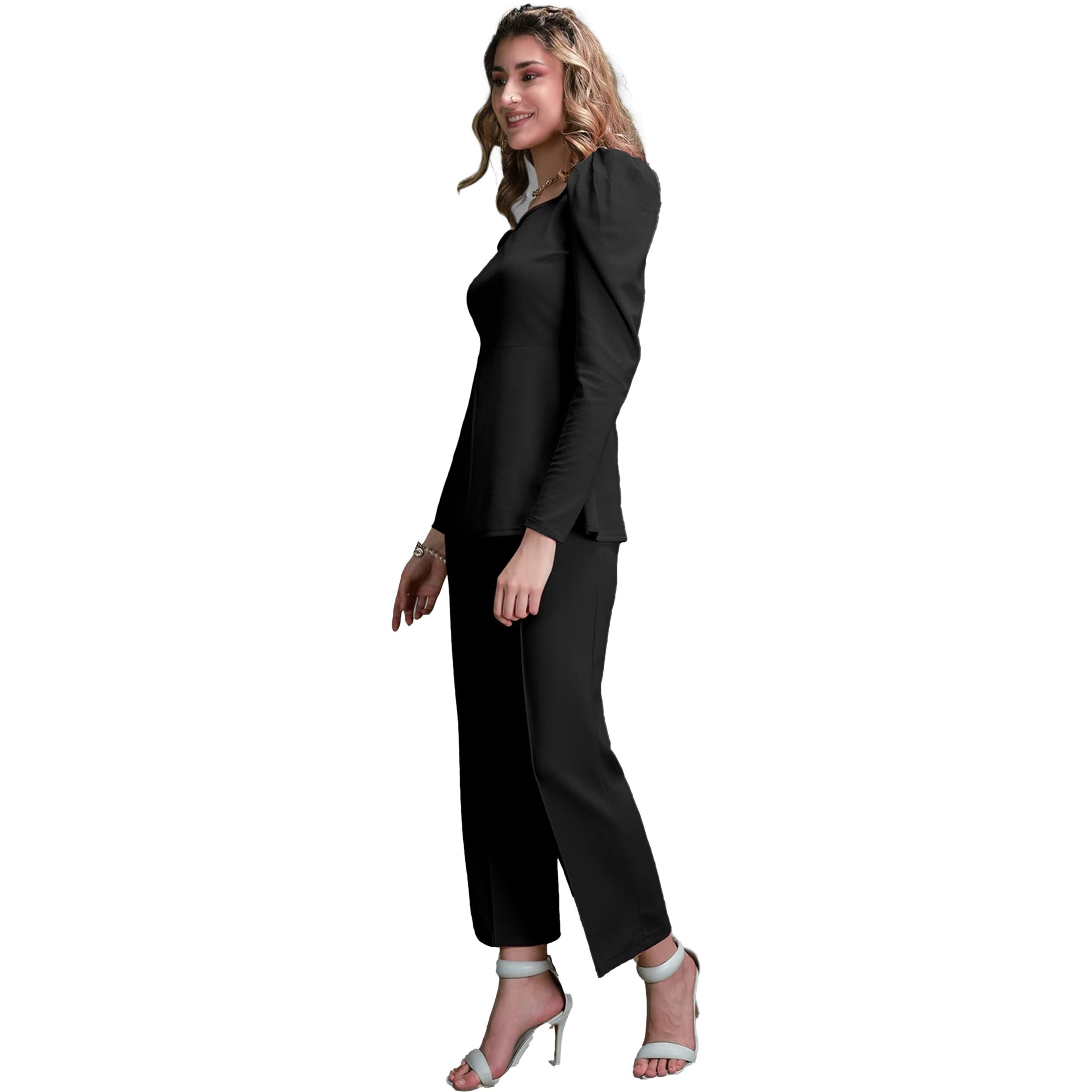 Elliti Solid Relaxed Fit Full Sleeve Co-Ord Set For Women's | Coord Sets | Top And Formal Trouser Co Ord Set For Women (Set Of 2 Piece) (Size M) (Color Black)