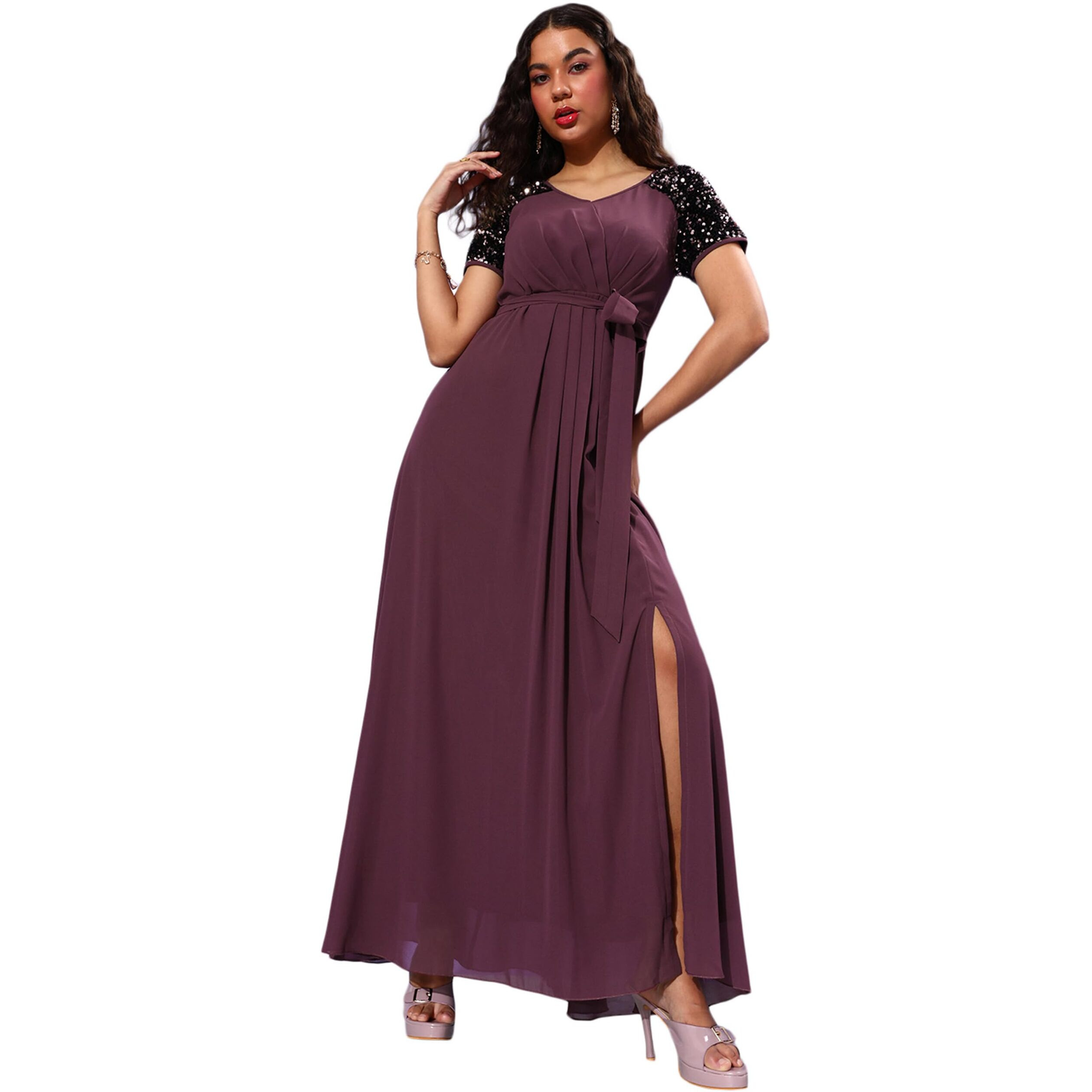 Miss Chase Women's Relaxed Fit V-Neck Half Sleeve Maxi Georgette Dress (Mcaw22D99-80-271-02, Mauve, Xs)