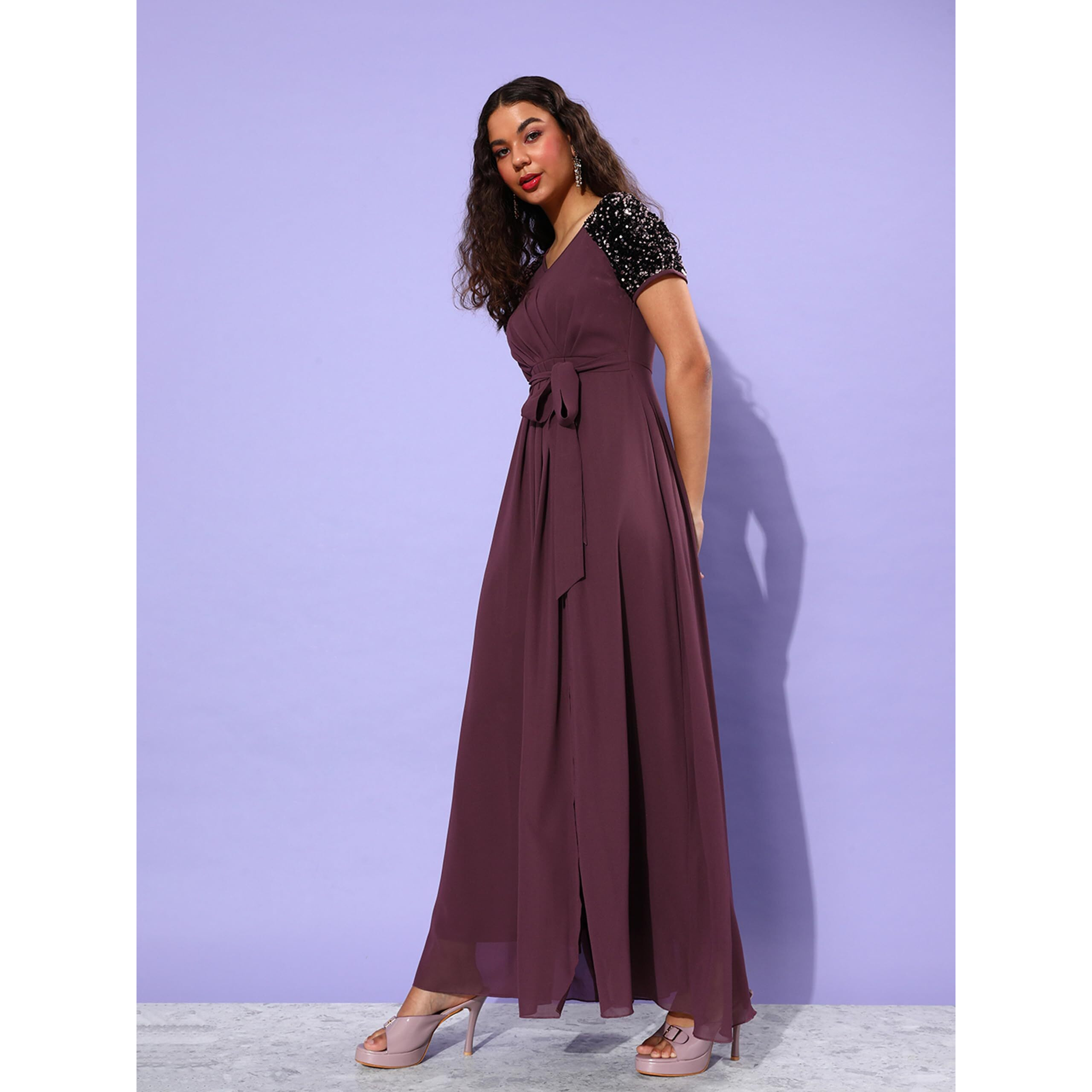 Miss Chase Women's Relaxed Fit V-Neck Half Sleeve Maxi Georgette Dress (Mcaw22D99-80-271-02, Mauve, Xs)