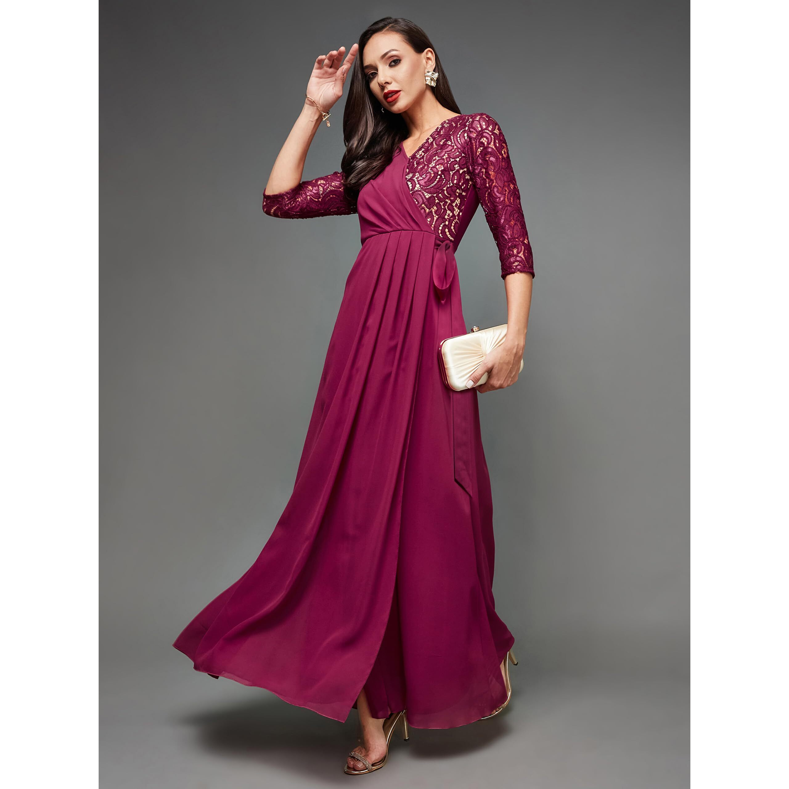 Miss Chase Women's V-Neck Three-Quarter Sleeve Self-Designed Wrap Maxi Dress (Mcss25D93-28-614-03, Barbie Pink, S)