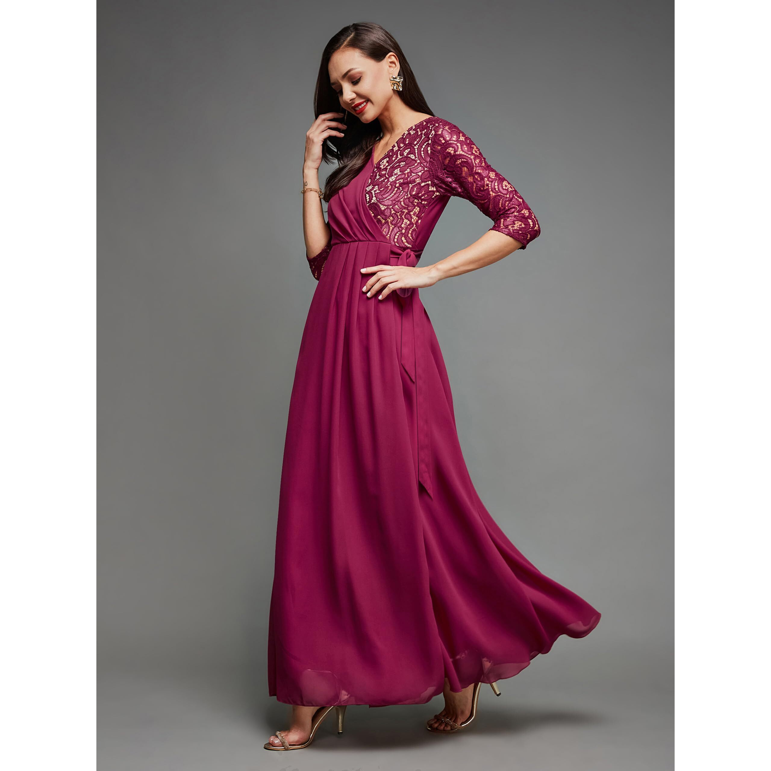 Miss Chase Women's V-Neck Three-Quarter Sleeve Self-Designed Wrap Maxi Dress (Mcss25D93-28-614-03, Barbie Pink, S)