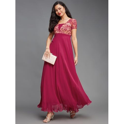 Miss Chase Women's Square Neck Raglan Short Sleeve Maxi Dress (Mcss22D06-48-23-04, Dark Pink, M)