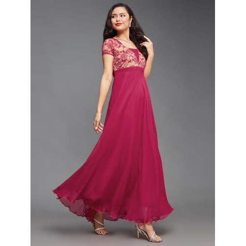 Miss Chase Women's Square Neck Raglan Short Sleeve Maxi Dress (Mcss22D06-48-23-04, Dark Pink, M)