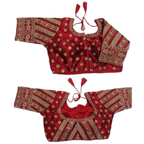 Pujia Mills Women's Indian Ethnic Wear Stitched Designer Golden Codding With Zari Embroidered Work Round Neck Half Sleeve Readymade Padded Saree Blouse Red Readymade Work Blouse