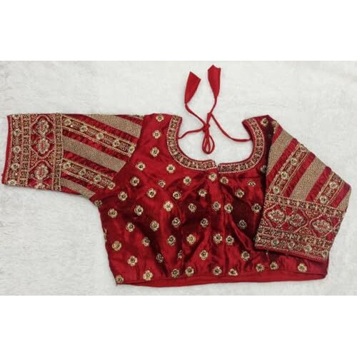Pujia Mills Women's Indian Ethnic Wear Stitched Designer Golden Codding With Zari Embroidered Work Round Neck Half Sleeve Readymade Padded Saree Blouse Red Readymade Work Blouse