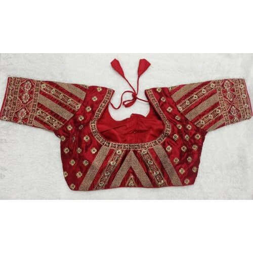 Pujia Mills Women's Indian Ethnic Wear Stitched Designer Golden Codding With Zari Embroidered Work Round Neck Half Sleeve Readymade Padded Saree Blouse Red Readymade Work Blouse