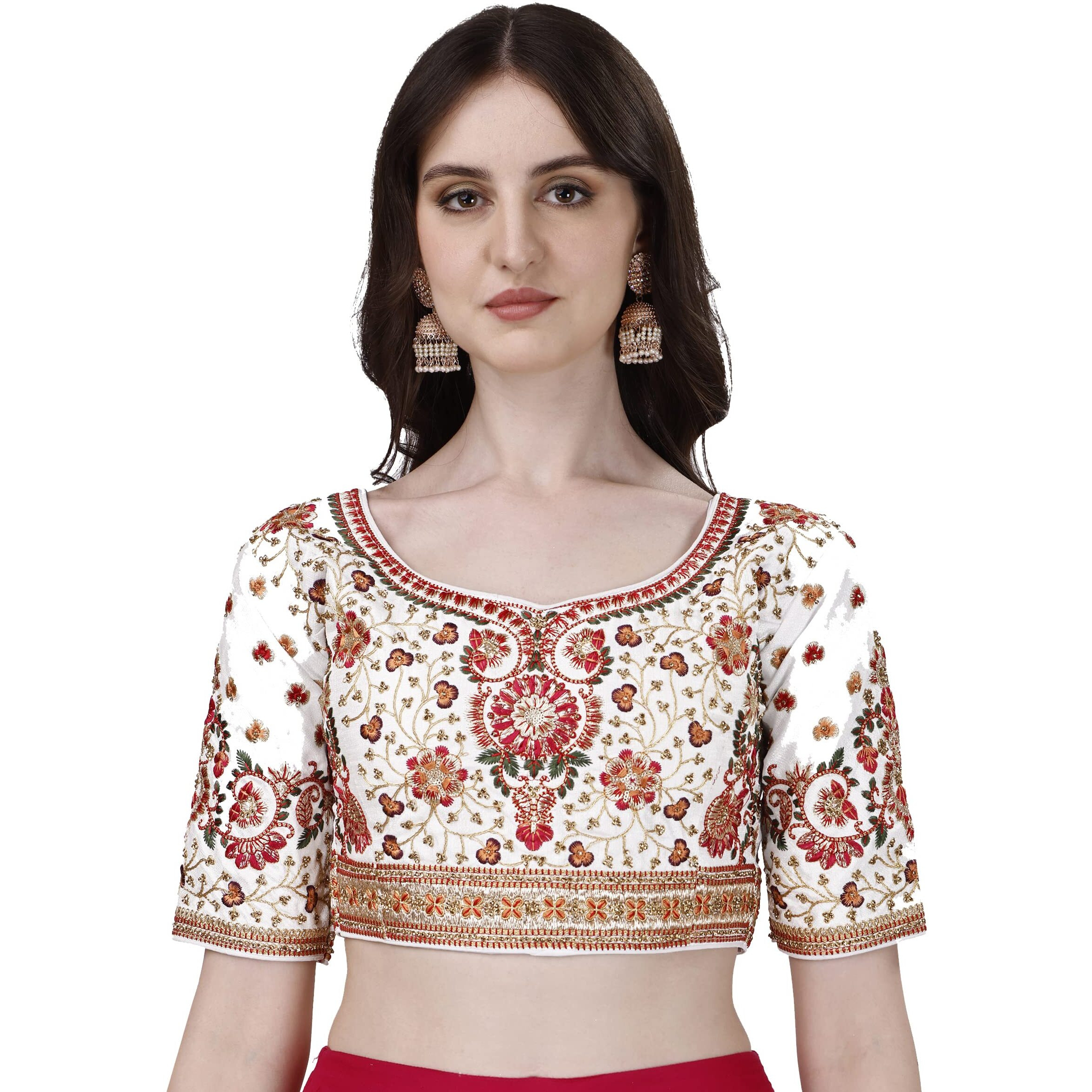 Pujia Mills Women's Heavy Multi Codding Embroidery With Diamond Work Half Sleeve Multicolor Trendy Blouse(Heer) (White, 42)